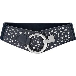 Wide Elastic Stretch Retro Metal Interlock Buckle Belt (midnight Blue, L)👋